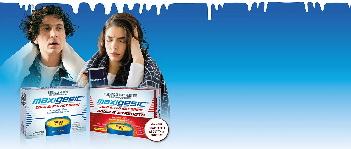 Maxigesic Cold And Flu Hot Drink Double Action Pain Relief Banner